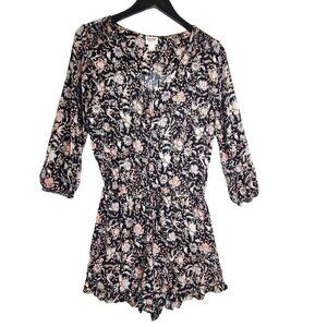 Mossimo Black Ditsy Floral 3/4 Sleeve V Neck Button Front Romper